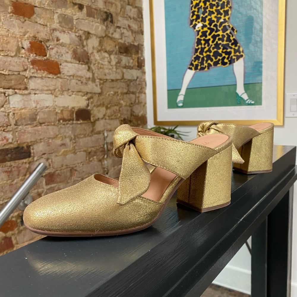 Madewell Zoe Bow Mule Midheels in Gold Metallic Leather Size 8